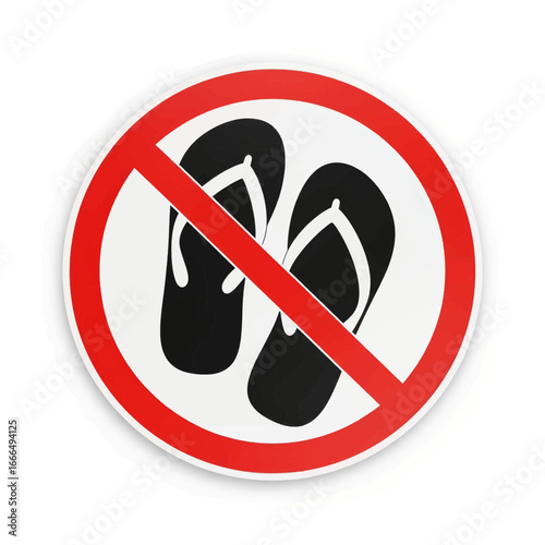A circular red prohibition sign with a diagonal line across a pair of black flip-flops.