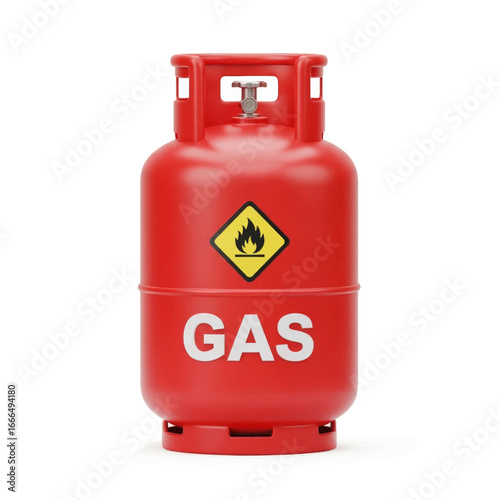Red gas cylinder with flammable warning sign on white background.
