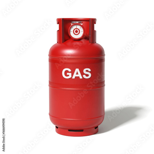A red gas cylinder with a pressure gauge on top.