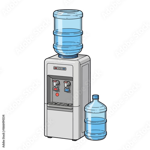 A cartoon illustration of a water cooler with a full bottle on top and a spare bottle next to it.