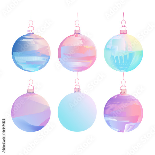 Glossy holographic Christmas baubles in pastel tones, futuristic design trend for Christmas 2025, perfect for modern decor, digital art, greeting cards, and festive stylish visuals.