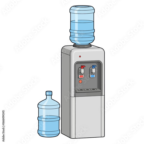 A modern water cooler dispenser with a large bottle on top and a spare bottle beside it, featuring hot and cold water taps.