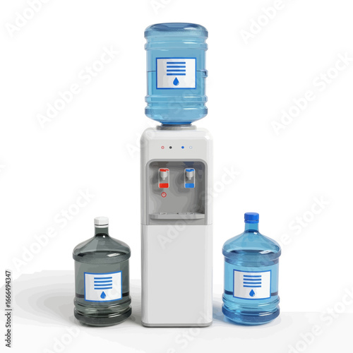 A white water cooler with a large blue bottle on top, flanked by two additional water jugs on a white background.