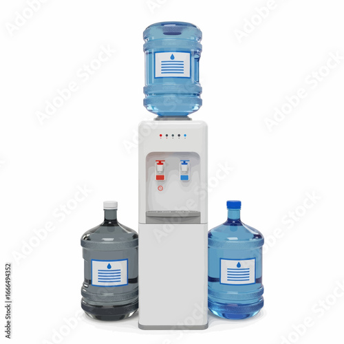Water cooler with bottles, providing refreshment in office or home.