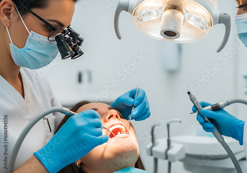 Patient receiving dental treatment under bright light with two dentists assisting closely ai generated
