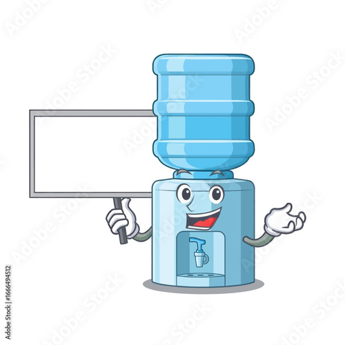 A happy cartoon water cooler character holding a blank whiteboard for custom text or messages.