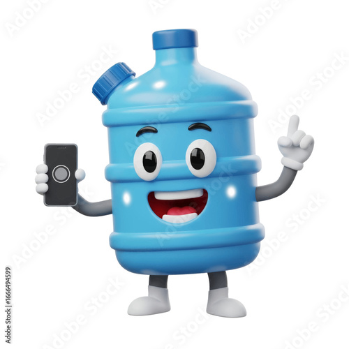 A friendly 3D water gallon mascot character holding a smartphone and pointing up, suggesting an idea or service.