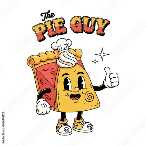 A retro cartoon illustration of a cheerful pie slice character wearing a chef's hat, giving a thumbs-up, with 'The PIE GUY' text.