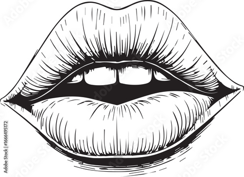 Sensual Whisper: A finely-etched monochrome illustration showcases expressive lips in a delicate yet bold depiction, capturing the essence of allure and subtle hints.