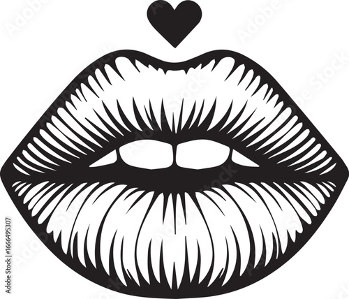 Kiss of Affection: Artistic depiction of a pair of expressive lips, delicately rendered in stark black lines, culminating in a gentle kiss from above.