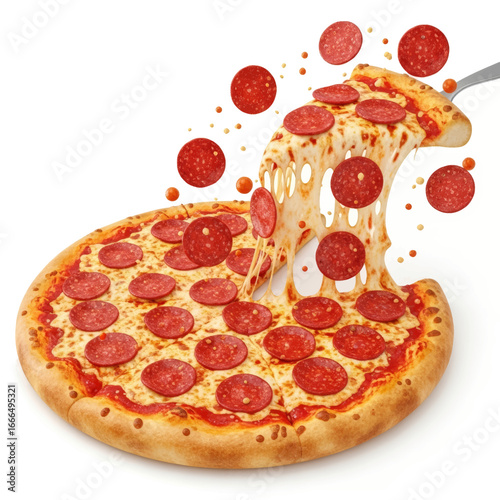 A delicious pepperoni pizza with a slice being lifted, showing melted cheese pull and flying toppings on a white background.