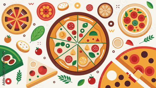 Whole and chopped pizza icons rest on white background, vector collection emphasizes simplicity and delicious geometry, timeless design blending flavor with clean minimalism, iconic symbol of shared 