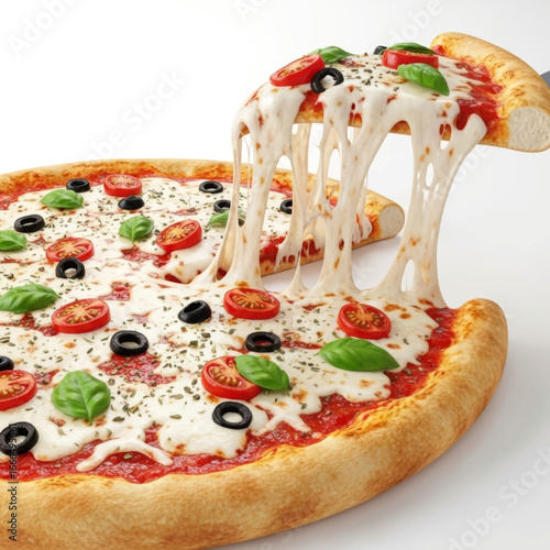 A delicious cheese pizza with tomatoes and basil.