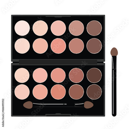 A clean 2D flat vector illustration displays a minimalist makeup palette filled with various solid eyeshadow shades and a small applicator, rendered in a modern graphic style, isolated on white.
