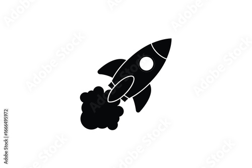 A black and white illustration of a rocket ship blasting off into space quickly silhouette
