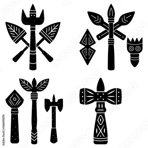 Illustration of four sets of stylized tribal weapons and totems in black and white with unique designs