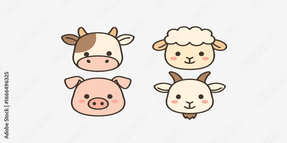 Print Cute Cartoon Farm Animal Heads Vector – Cow, Sheep, Pig, and Goat in Simple Flat Style Isolated on White Background Print Cute Cartoon Farm Animal Heads Vector – Cow, Sheep, Pig, and Goat in Simple Flat Style Isolated on White Background