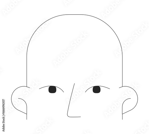Minimalist bald head line drawing 2D object. Simple lineart human face with ears, nose and eyes. Generic facial sketch isolated clipart vector ink outline item. Monochrome spot illustration