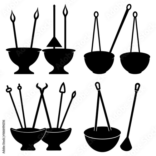 Silhouette depiction of fondue sets with pots, forks and other accessories in a graphic arrangement