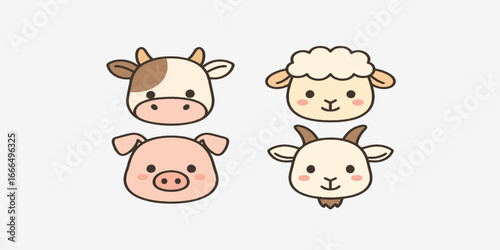 Print  Cute Cartoon Farm Animal Heads Vector – Cow, Sheep, Pig, and Goat in Simple Flat Style Isolated on White Background