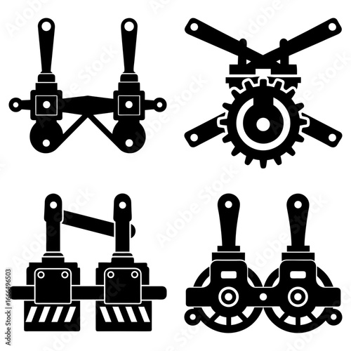 Illustration of four different mechanical devices with levers and gears in black and white