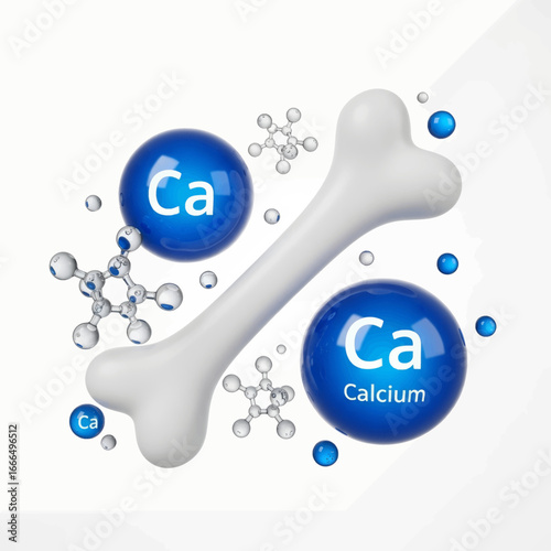 Calcium and bone health concept with calcium molecules around a bone.