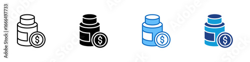 Medicine Cost Multi Style Icon Vector Design - Medication bottle with coin symbol, representing drug price, cost, or financial aspect in pharmacy