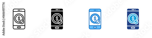 Mobile Payment Multi Style Icon Vector Design - Smartphone with coin and checkmark refers to mobile banking, cashless payments, or money transfer