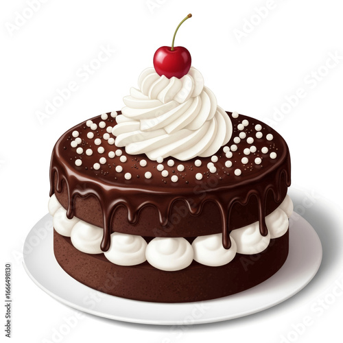 Decadent Chocolate Cake: A mouthwatering image of a rich, layered chocolate cake, generously adorned with whipped cream swirls and a vibrant cherry, all presented on a pristine plate.