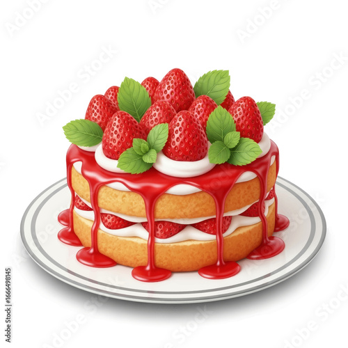 Strawberry Cake Delight: A delectable strawberry cake, artfully adorned with fresh strawberries and mint leaves, rests upon a plate, promising a sweet escape and a moment of pure joy.