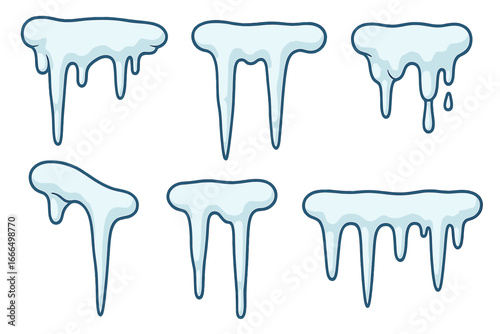 Set of cartoon icicles. Dripping ice and snow caps for winter decoration. Frozen water, frost and cold weather elements. Vector clipart illustration collection on white.