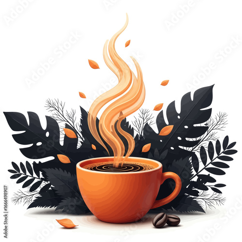 Aromatic Brew Amidst Flora: A steaming cup of coffee, radiates warmth, surrounded by an artful arrangement of leaves and foliage, creating a moment of serene indulgence.