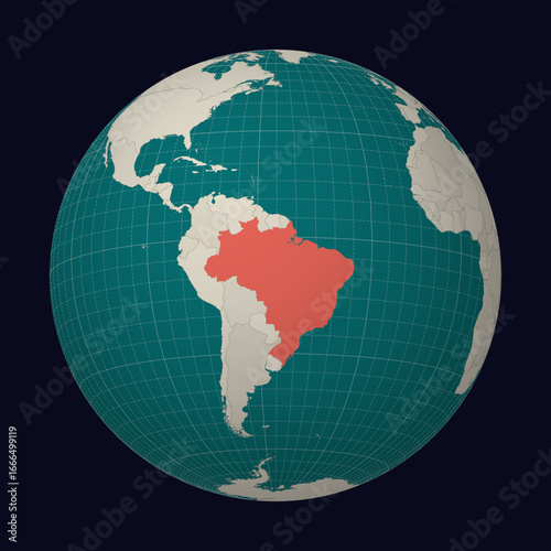 Brazil on the map. Globe centered to Brazil. Country location on the world map. Teal Pale Mint color palette. Globe with countries, meridians and parallels. Alive vector illustration.