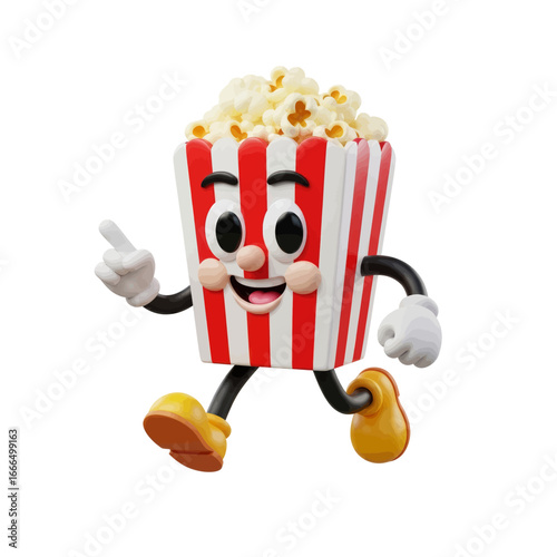 Cheerful Popcorn Mascot: A lively and animated popcorn mascot, complete with a vibrant striped container and friendly smile, is ready to delight in a fun and playful environment.