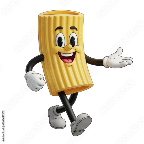 Animated Rigatoni Mascot: A cheerful cartoon rigatoni pasta character with a smiling face. With arms outstretched as if inviting a delicious culinary journey.