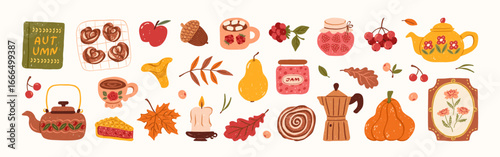 Autumn cozy elements set. Cute fall icons. Hand drawn doodle pumpkin, teapot, candle, mug, apple, pie, vintage frame with flowers, cinnamon bun, jam, fall leaves. Vector flat illustration.