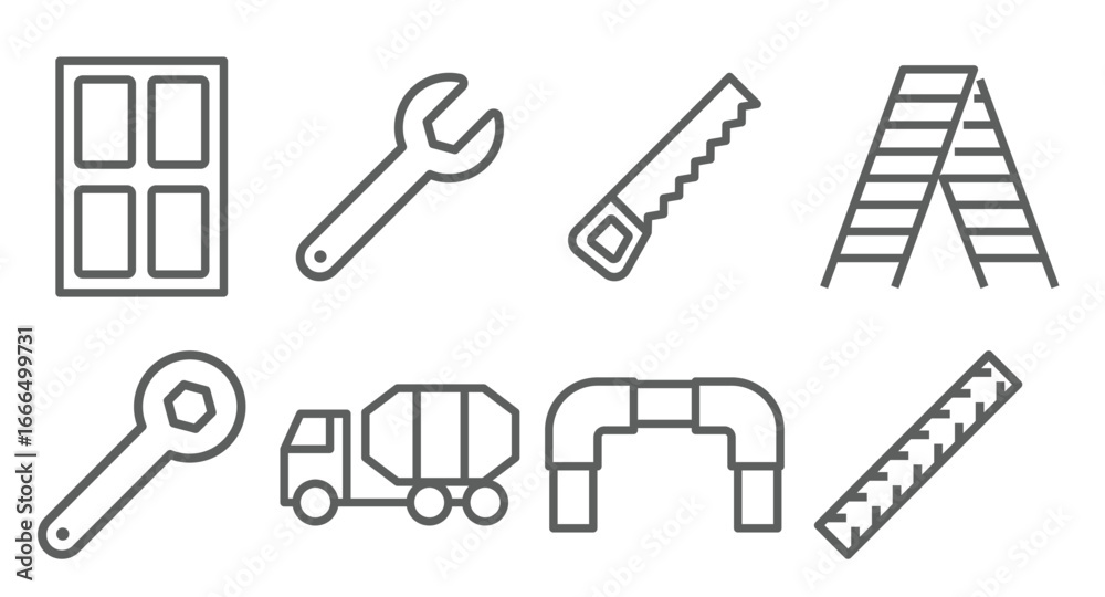 Flat vector icons of construction tools: trowel, brick hammer, masonry chisel, concrete float, rebar cutter, framing square, chalk line, construction pencil.
Flat vector icons of construction tools: trowel, brick hammer, masonry chisel, concrete float, rebar cutter, framing square, chalk line, construction pencil.