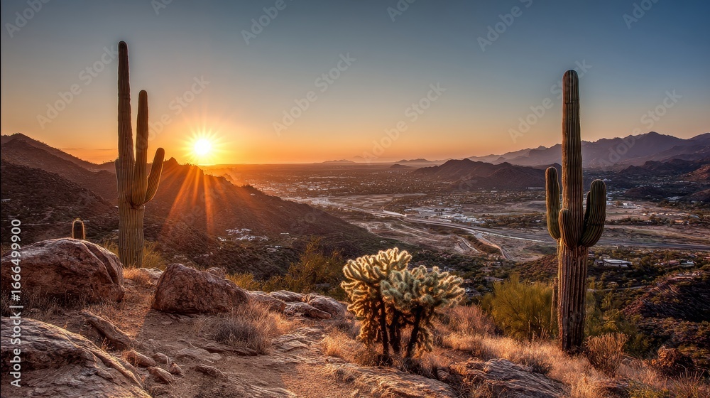 Obraz premium Beautiful sunset with tall saguaro cactus and cholla cactus overlooking wide Sonoran Desert valley landscape, golden sky colors and mountains with Scottsdale Arizona city visible in the distance