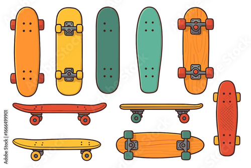 Skateboard collection vector illustration. Set of various skateboards, longboards, and cruiser models from top, side, and bottom views. Street board and deck design.