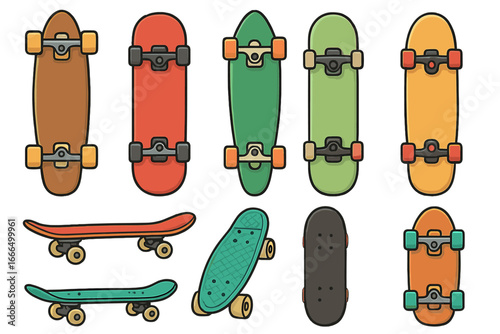 Skateboard collection vector set. Longboard, cruiser, and street skate board designs from top and side view. Urban youth culture sport graphic. Cartoon flat icon illustration.