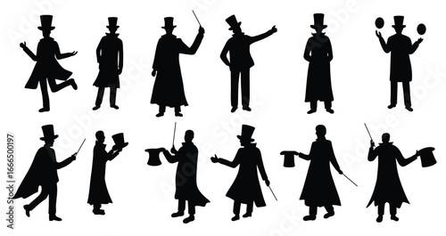 set of illustrations of magician silhouettes