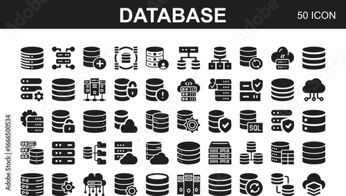 A comprehensive collection of database icons representing various aspects of data management, storage, and security in a clean and modern flat design style