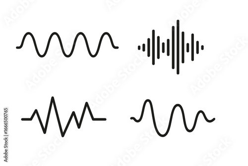 Sound wave and audio signal icon set. Music waveform, voice frequency, radio pulse and equalizer concept. Abstract rhythm and amplitude graph. Vector line illustration.