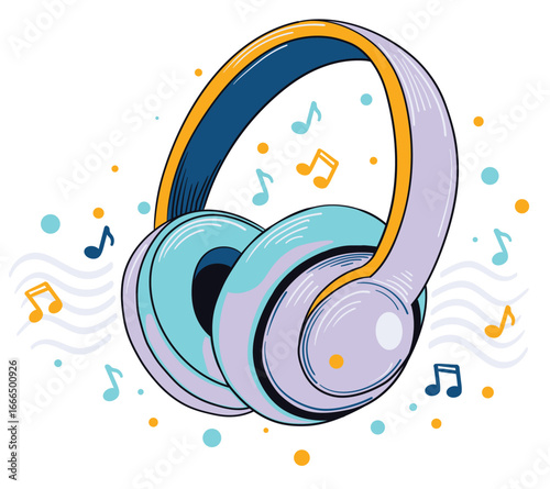 Music design - playing musical colorful audio headphones and musical notes