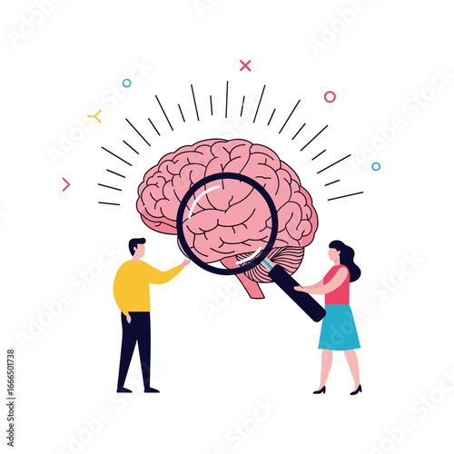 Two people are closely examining a human brain with a magnifying glass to understand its functions and complexities