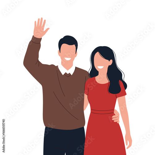 A smiling man and woman waving hello with their arms raised happily conveying a welcoming and friendly greeting to viewers