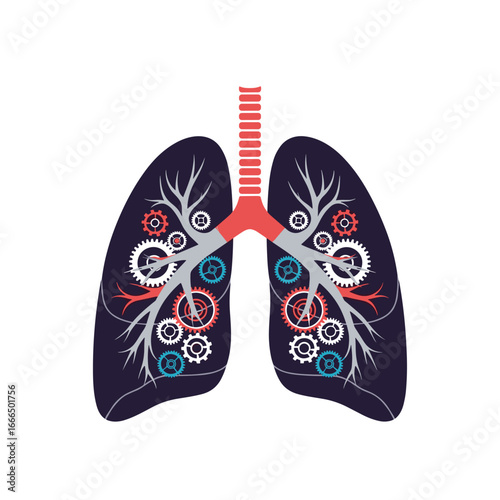 Intricate mechanical gears and bronchioles within human lungs artistic representation of respiratory system complexity and function