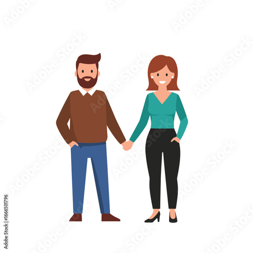 A happy couple holding hands standing together smiling in casual clothing representing partnership and love in life