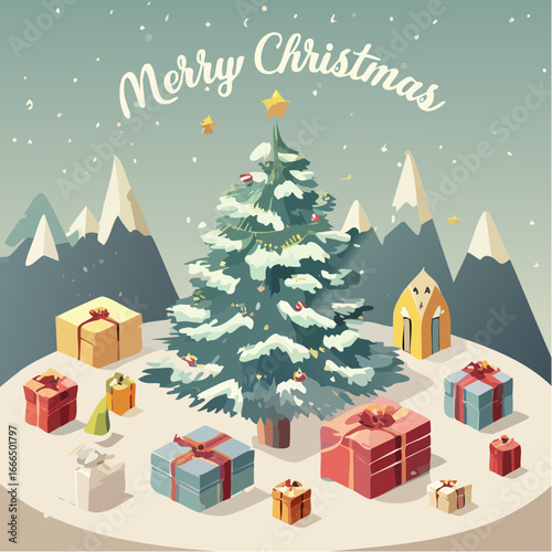 Wektorowa kartka „Merry Christmas” w stylu retro vintage, ręcznie rysowane elementy, pastelowe kolory, choinka, prezenty i śnieg, typografia retro, klimatyczna ilustracja.