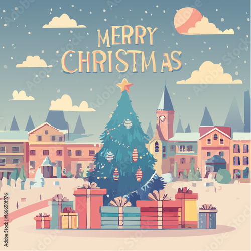 Wektorowa kartka „Merry Christmas” w stylu retro vintage, ręcznie rysowane elementy, pastelowe kolory, choinka, prezenty i śnieg, typografia retro, klimatyczna ilustracja.